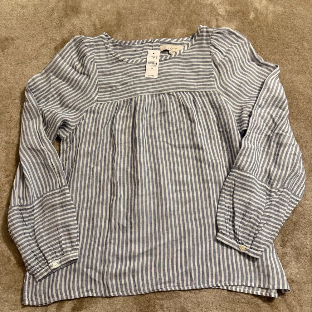 LOFT Womens Blue White Striped Rayon Linen Blouse Top Size M NEW